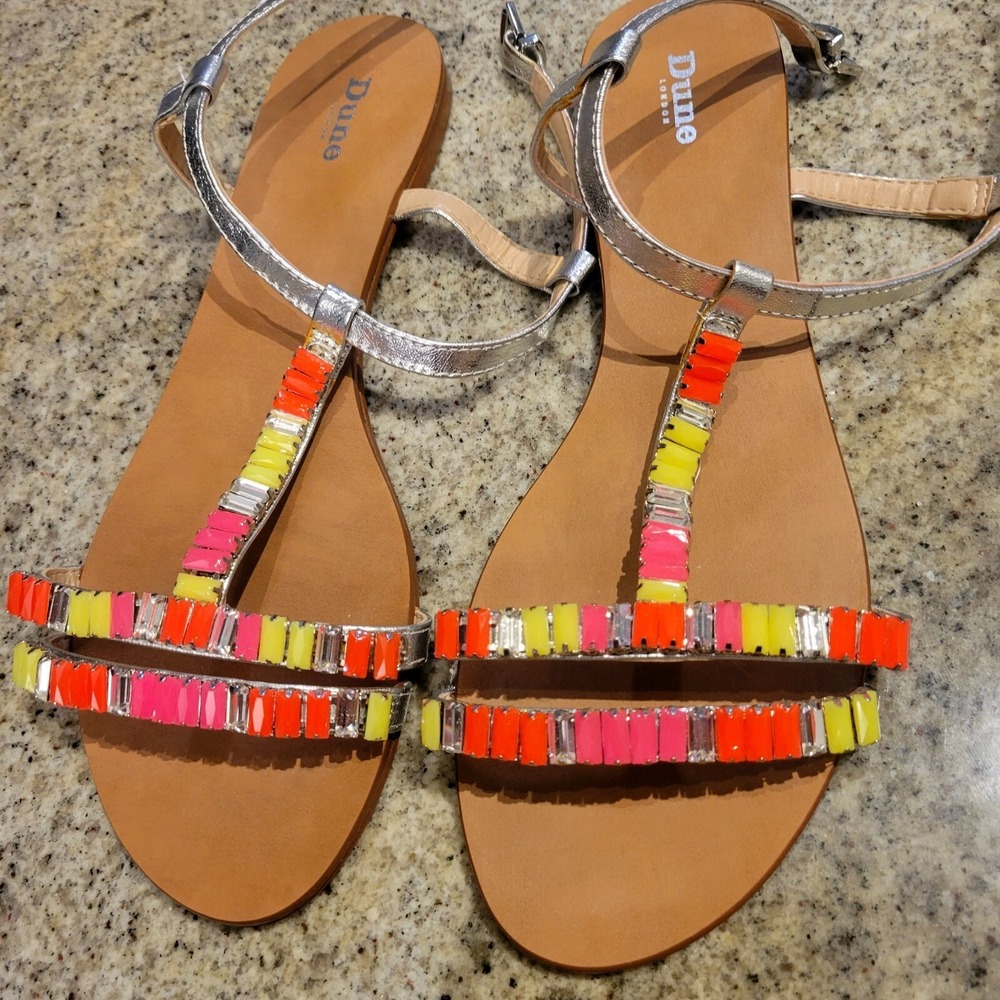 Dune London Leather Baguette Jewl Flat Sandal New In Box Beautiful Size 9 Shoes